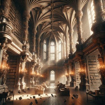 The primary subject of the image is a large, ornate library filled with books and furniture. The setting is a grand, old building with high ceilings and intricate architecture. The visual style is a combination of photo and digital art, creating a realistic yet artistic representation of the library. The colors and mood are predominantly dark and moody, with the lighting emphasizing the grandeur and age of the library.